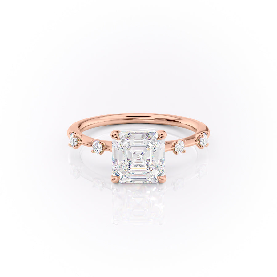 The Serena. A Rose Gold Side Stones Engagement Ring Set With A 2ct Asscher Lab Grown Diamond. White Background.