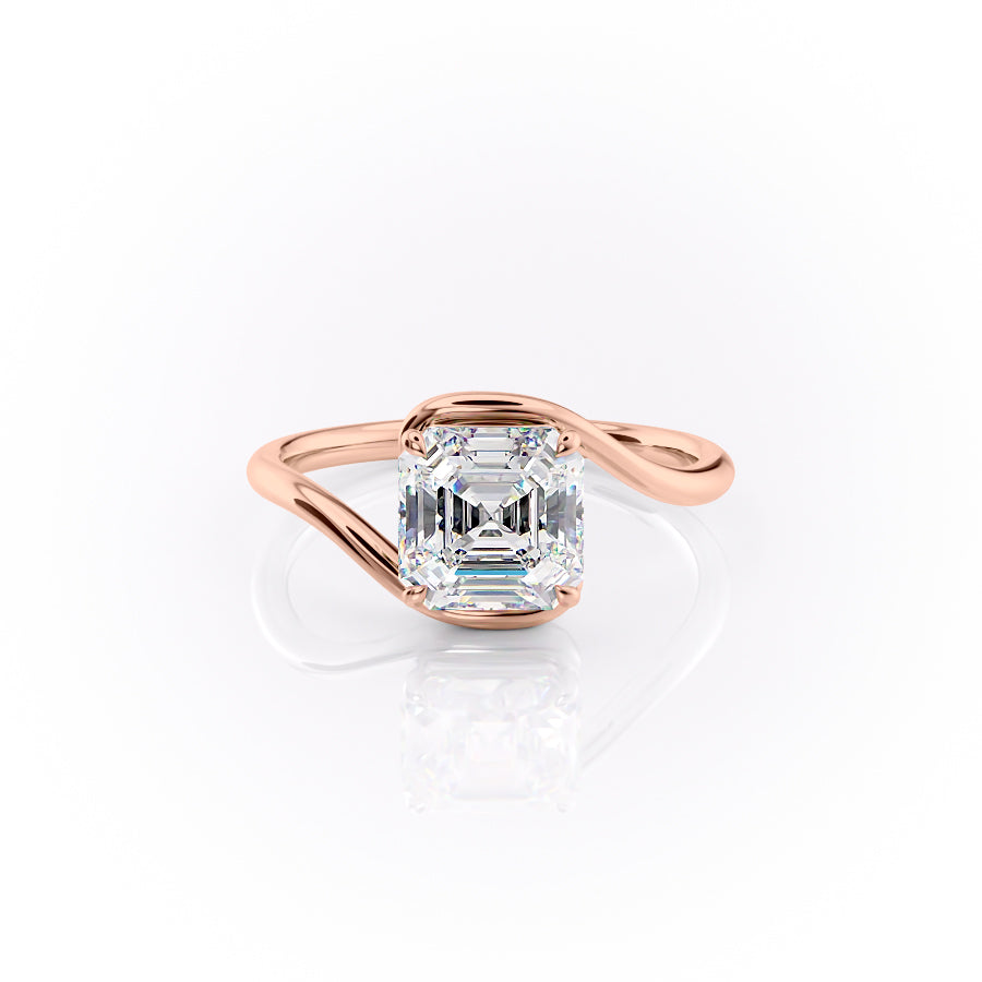 The Skyler. A Rose Gold Solitaire Engagement Ring Set With A 2ct Asscher Lab Grown Diamond. White Background.