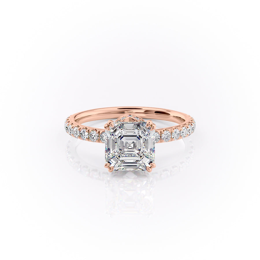 The Sofia. A Rose Gold Pave, Hidden Halo Engagement Ring Set With A 2ct Asscher Lab Grown Diamond. White Background.