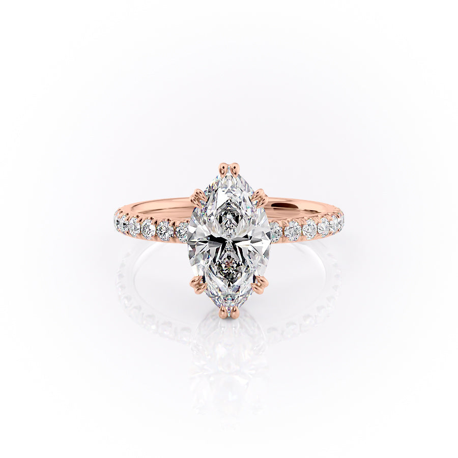 The Sofia. A Rose Gold Pave, Hidden Halo Engagement Ring Set With A 2ct Marquise Lab Grown Diamond. White Background.