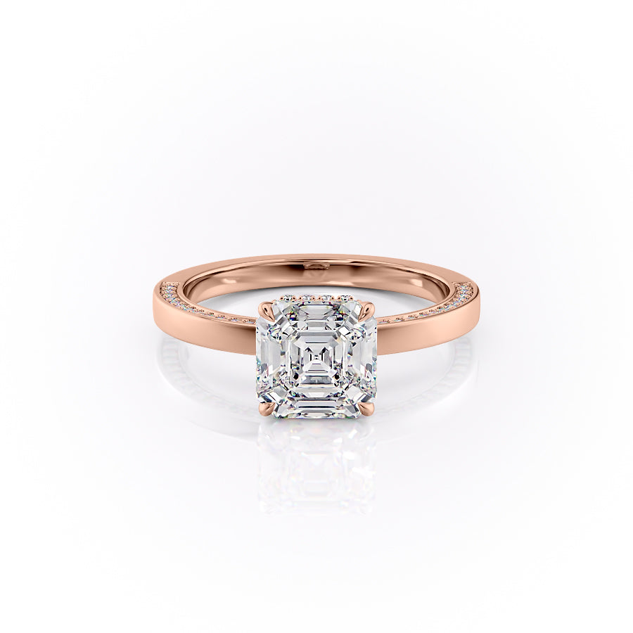 The Sydney. A Rose Gold Hidden Halo, Solitaire, Pave Engagement Ring Set With A 2ct Asscher Lab Grown Diamond. White Background.