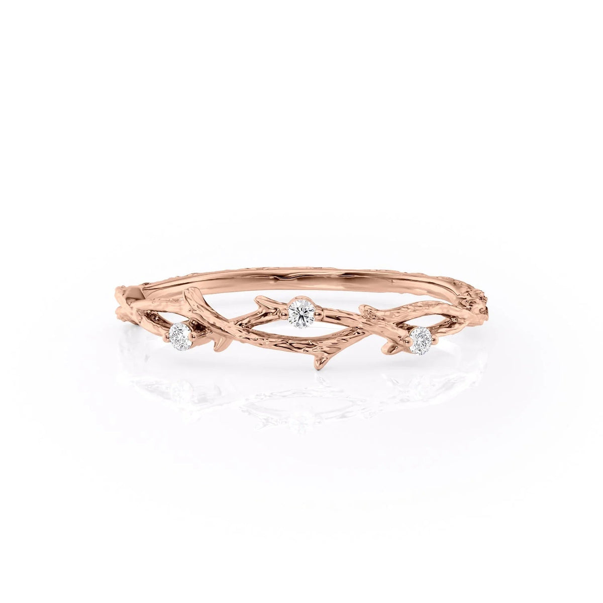 The Textured Twig. A Rose Gold Nature Wedding Band Set With 0.04tcw Round Lab Grown Diamonds. White Background.
