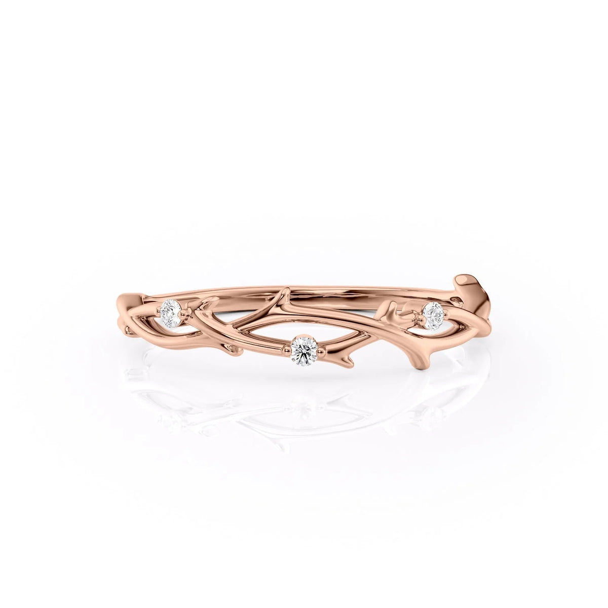 The Twig. A Rose Gold Nature Wedding Band Set With 0.04tcw Round Lab Grown Diamonds. White Background.
