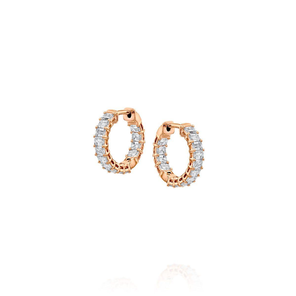 1.5ct 15mm East West Emerald Eternity Hoops. A Rose Gold Hoop Earrings Set With 1.5tcw Emerald Lab Grown Diamonds. White Background.
