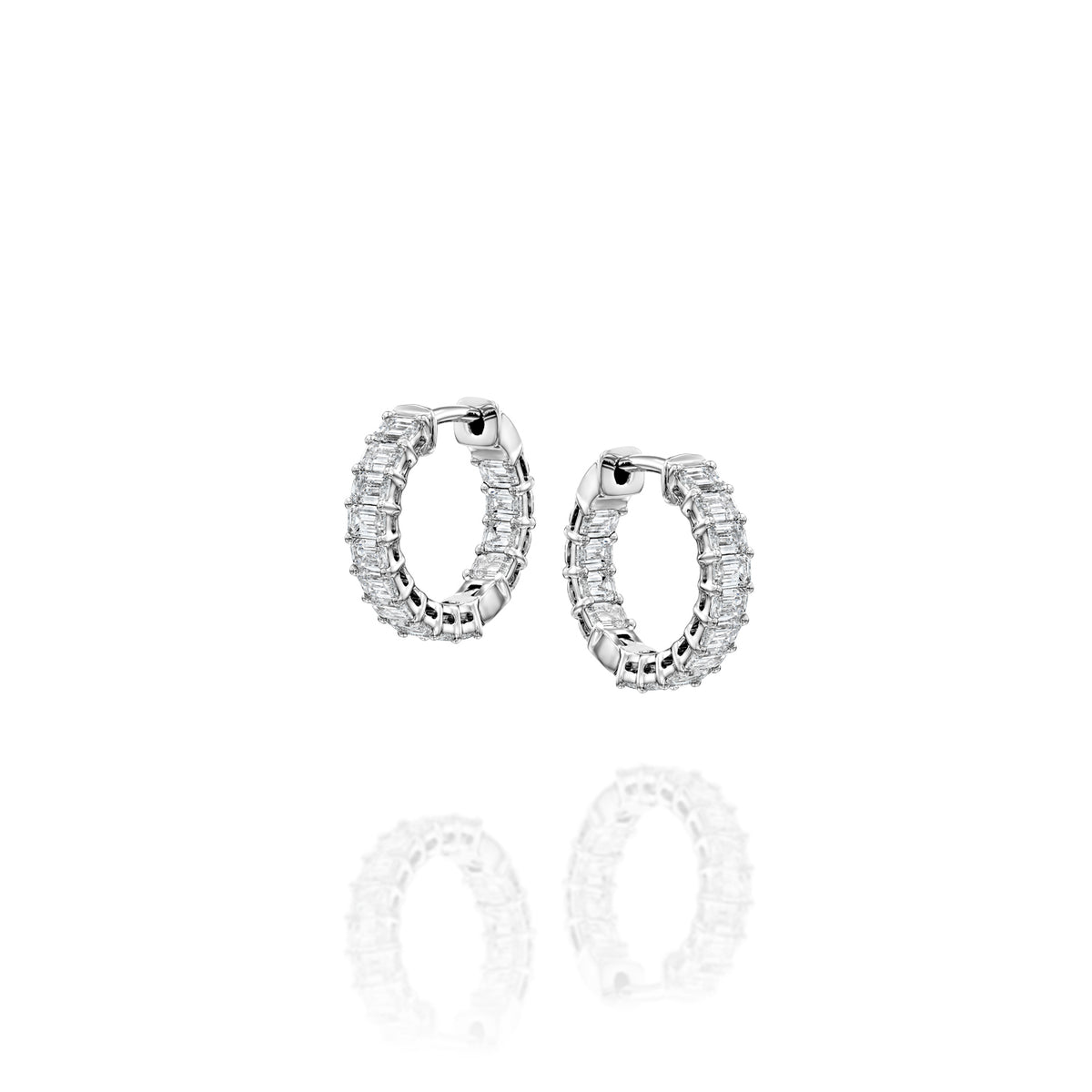 1.5ct 15mm East West Emerald Eternity Hoops. A White Gold Hoop Earrings Set With 1.5tcw Emerald Lab Grown Diamonds. White Background.