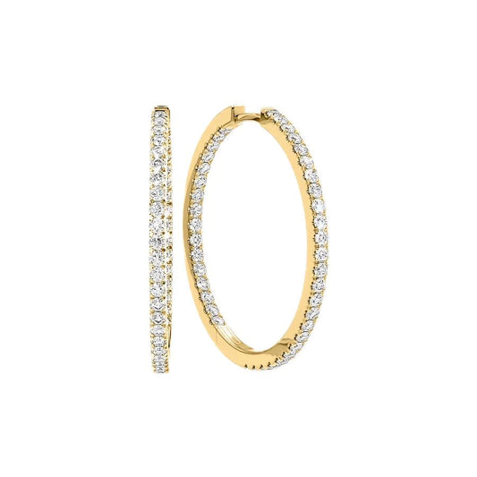 1.5ct 30mm Inside Out Pave Hoops. A Yellow Gold Hoop Earrings Set With 1.5tcw Round Lab Grown Diamonds. White Background.