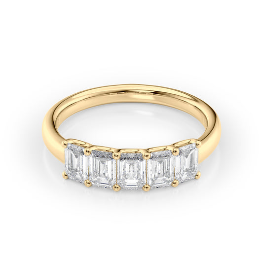 1.5ct Emerald U Prong Anniversary. A Yellow Gold Anniversary Ring Set With 1.5tcw Emerald Lab Grown Diamonds. White Background.