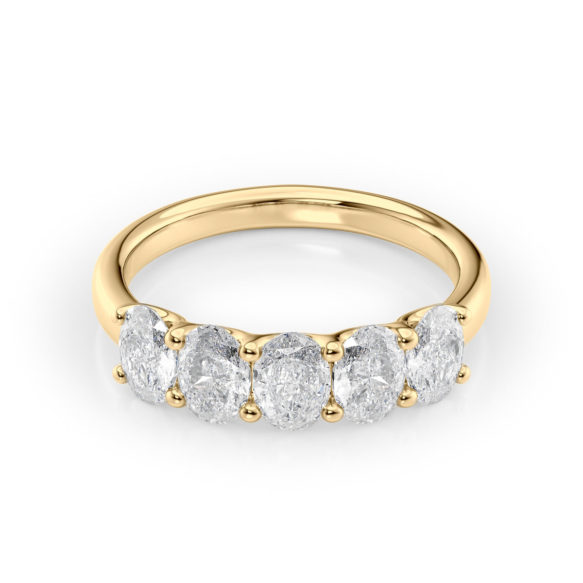1.5ct Oval U Prong Anniversary. A Yellow Gold Anniversary Ring Set With 1.5tcw Oval Lab Grown Diamonds. White Background.