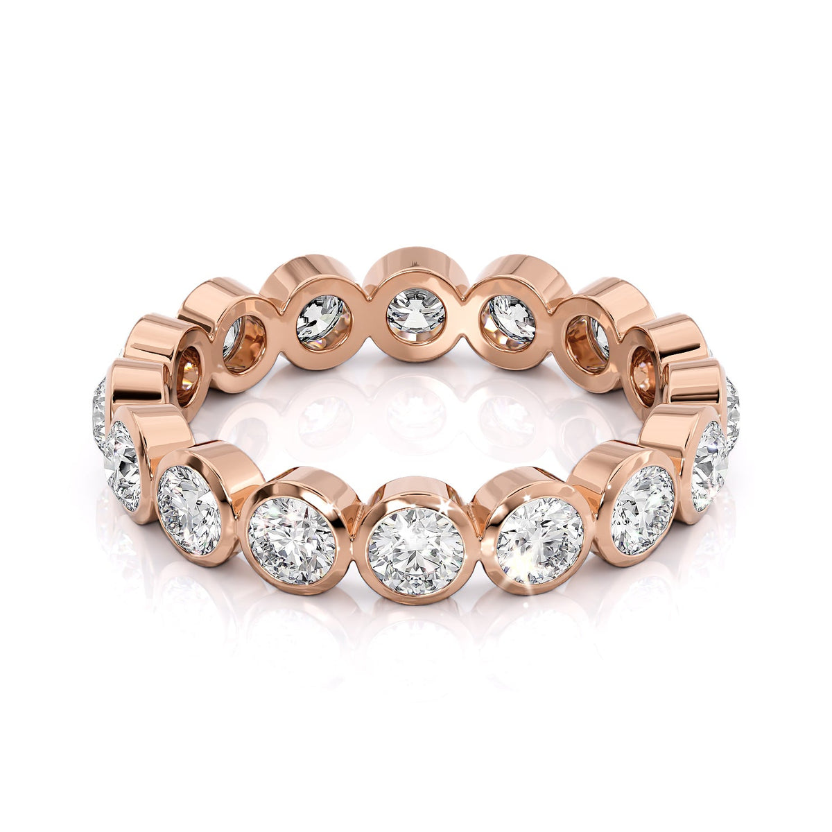 1.5ct Round Bezel Eternity. A Rose Gold Eternity Ring Set With 1.5tcw Round Lab Grown Diamonds. White Background.