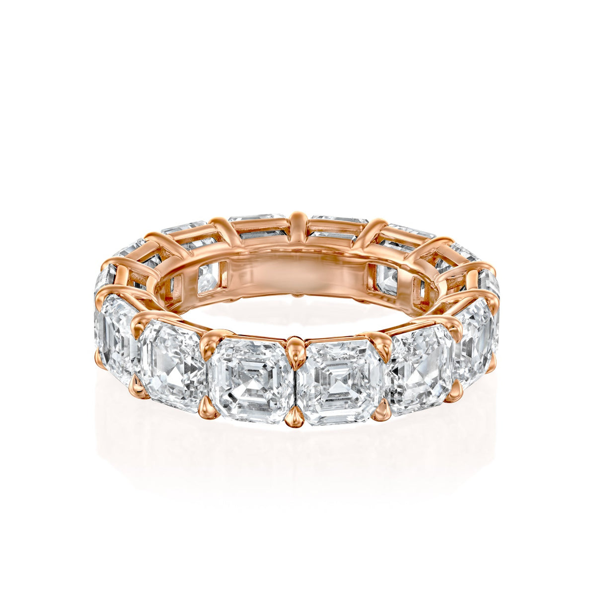 10ct Asscher Eternity. A Rose Gold Eternity Ring Set With 10tcw Asscher Lab Grown Diamonds. White Background.