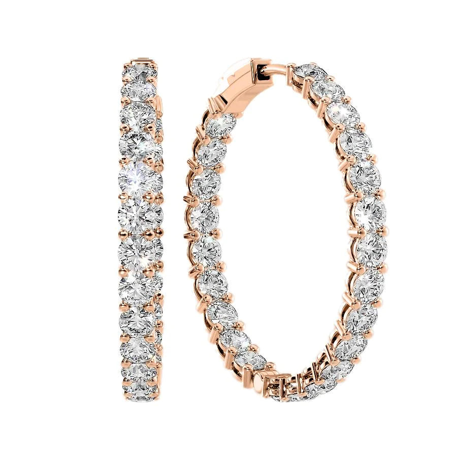 11.5ct 40mm Eternity Pave Hoops. A Rose Gold Hoop Earrings Set With 11.5tcw Round Lab Grown Diamonds. White Background.