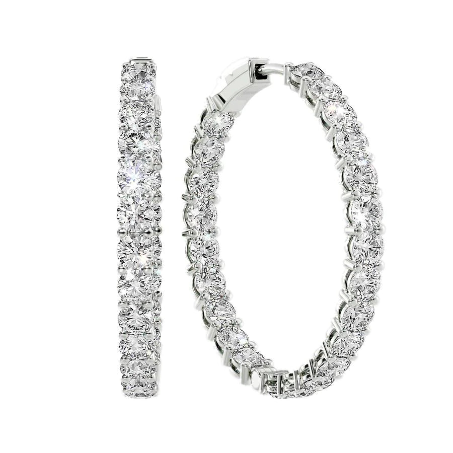 11.5ct 40mm Eternity Pave Hoops. A White Gold Hoop Earrings Set With 11.5tcw Round Lab Grown Diamonds. White Background.