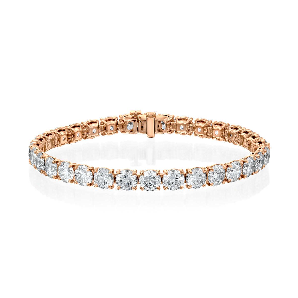 16.5ct Round Tennis Bracelet. A Rose Gold Tennis Bracelet Set With 16.5tcw Round Lab Grown Diamonds. White Background.