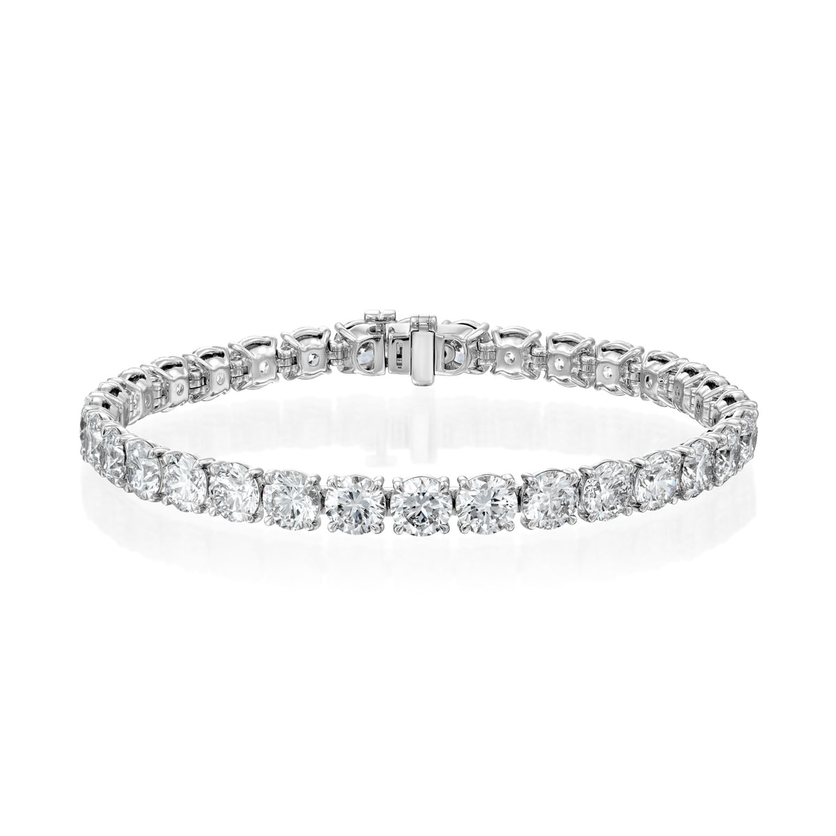 16.5ct Round Tennis Bracelet. A White Gold Tennis Bracelet Set With 16.5tcw Round Lab Grown Diamonds. White Background.