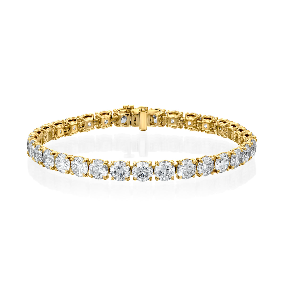 16.5ct Round Tennis Bracelet. A Yellow Gold Tennis Bracelet Set With 16.5tcw Round Lab Grown Diamonds. White Background.