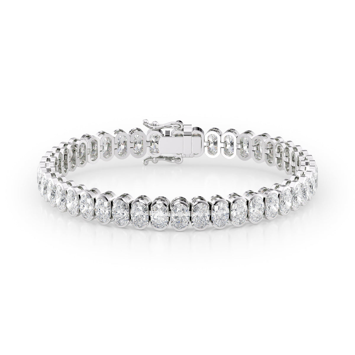 16ct Bezel Oval Tennis Bracelet. A White Gold Tennis Bracelet Set With 16tcw Oval Lab Grown Diamonds. White Background.