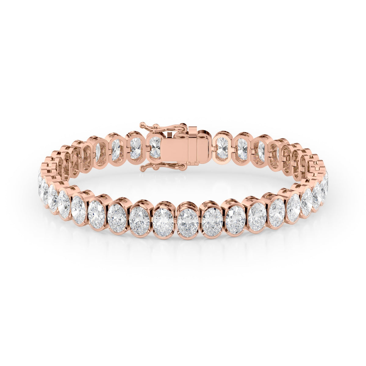 18ct Bezel Oval Tennis Bracelet. A Rose Gold Tennis Bracelet Set With 18tcw Oval Lab Grown Diamonds. White Background.