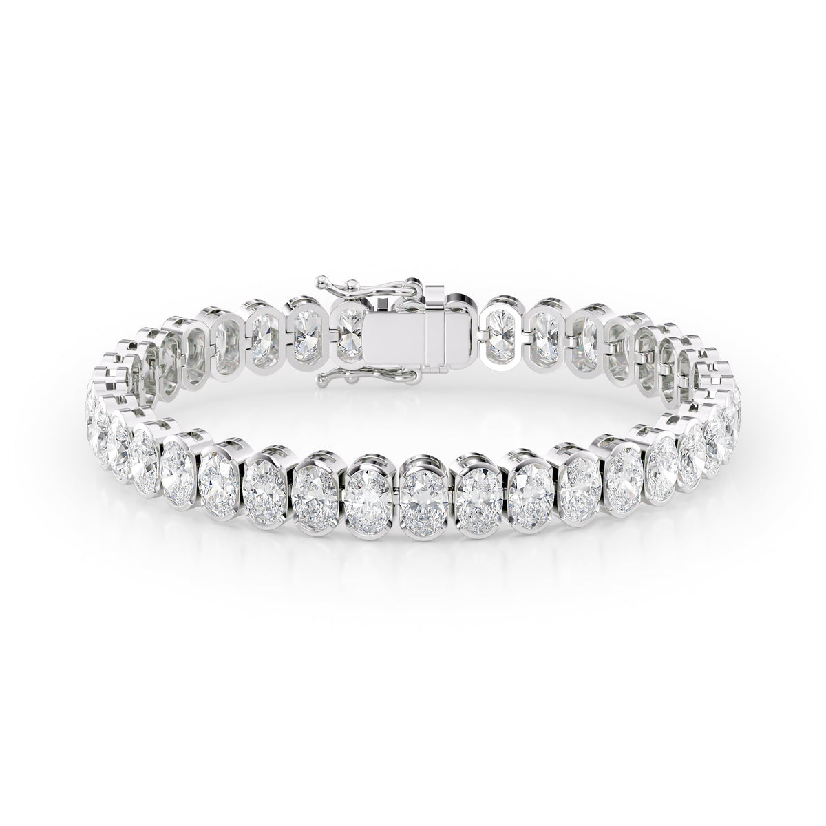 18ct Bezel Oval Tennis Bracelet. A White Gold Tennis Bracelet Set With 18tcw Oval Lab Grown Diamonds. White Background.