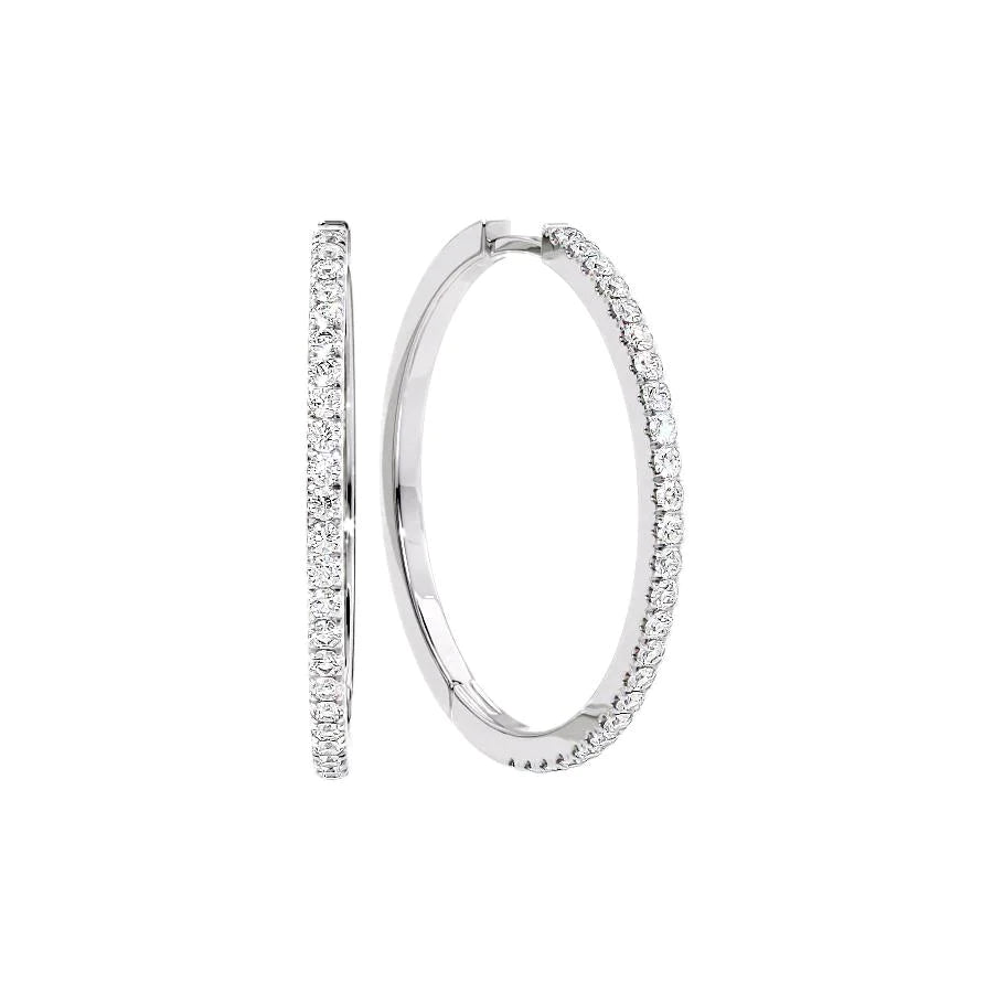 1ct 30mm Pave Hoops. A White Gold Hoop Earrings Set With 1tcw Round Lab Grown Diamonds. White Background.
