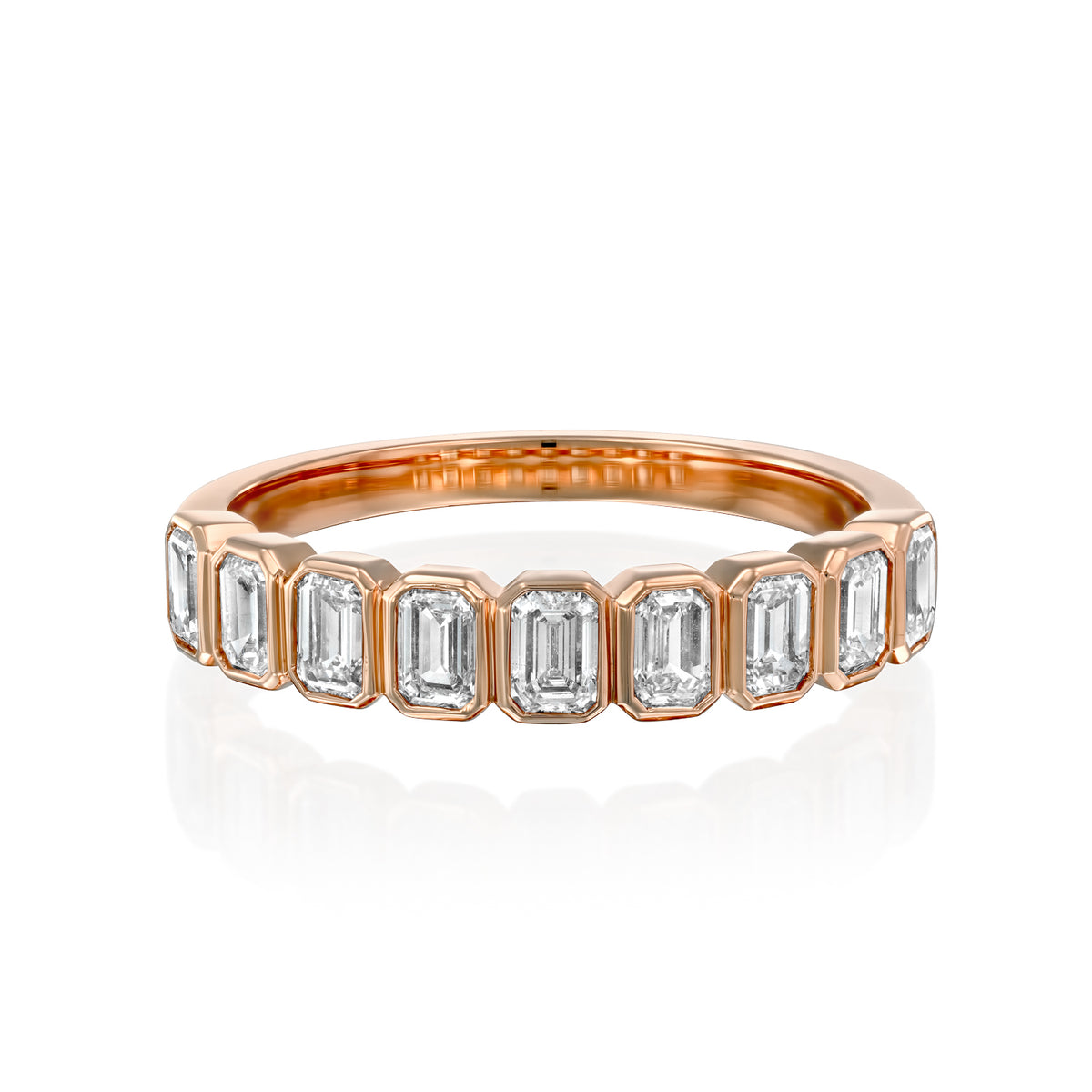 1ct Emerald Bezel Anniversary. A Rose Gold Anniversary Ring Set With 1tcw Emerald Lab Grown Diamonds. White Background.