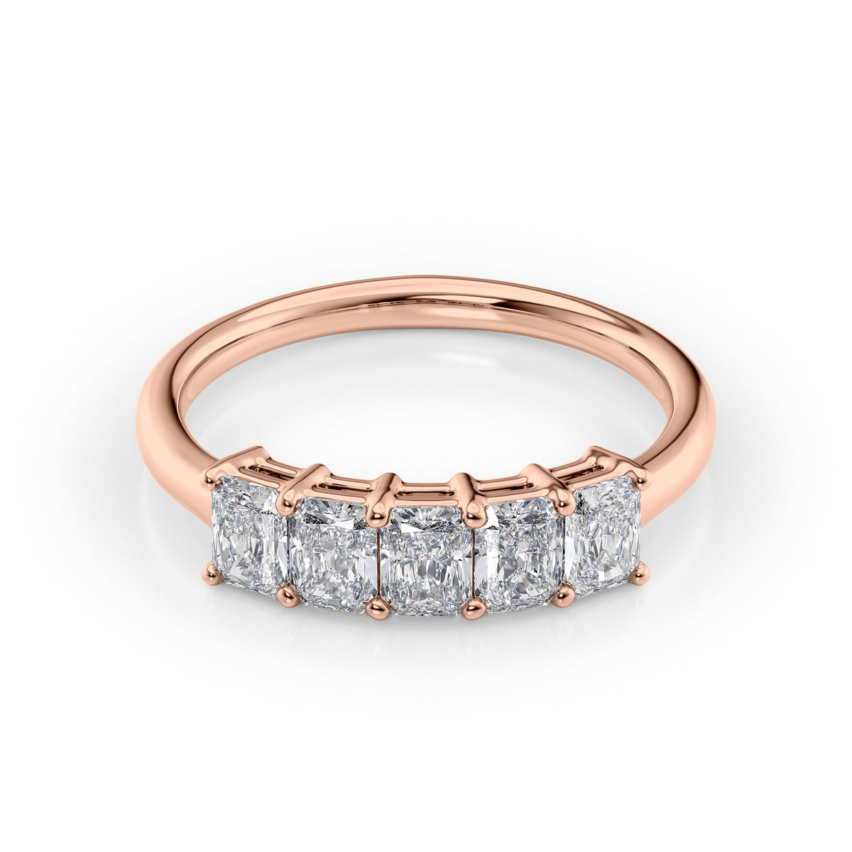 1ct Radiant Anniversary. A Rose Gold Anniversary Ring Set With 1tcw Radiant Lab Grown Diamonds. White Background.