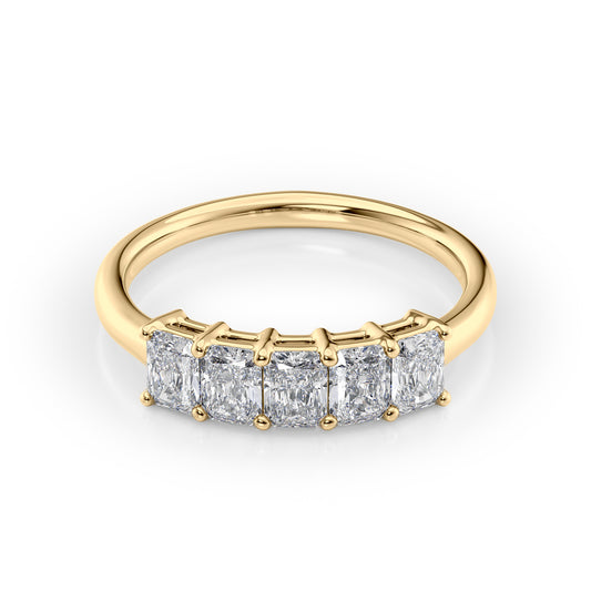 1ct Radiant Anniversary. A Yellow Gold Anniversary Ring Set With 1tcw Radiant Lab Grown Diamonds. White Background.