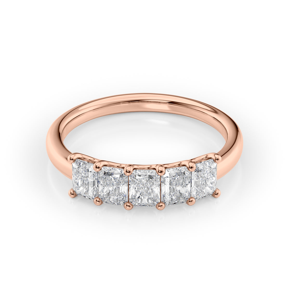 1ct Radiant U Prong Anniversary. A Rose Gold Anniversary Ring Set With 1tcw Radiant Lab Grown Diamonds. White Background.