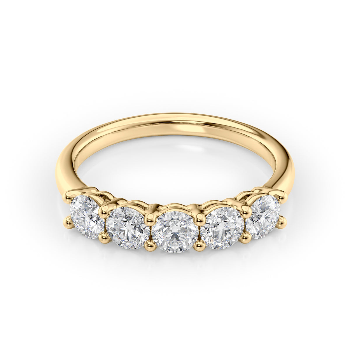 1ct Round Anniversary. A Yellow Gold Anniversary Ring Set With 1tcw Round Lab Grown Diamonds. White Background.