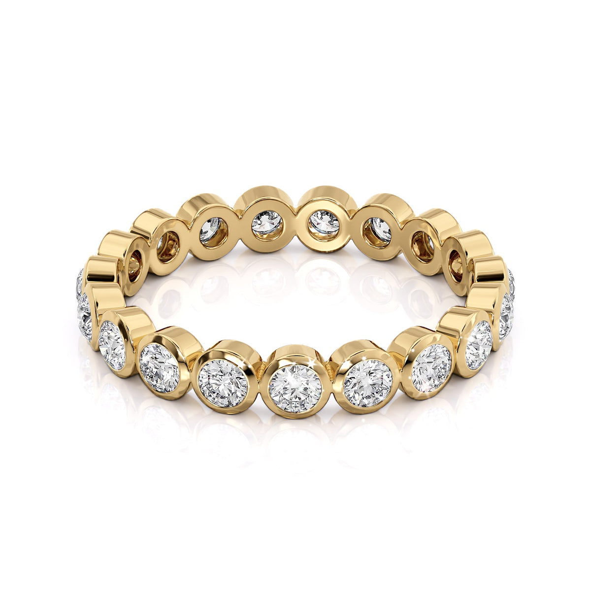 1ct Round Bezel Eternity. A Yellow Gold Eternity Ring Set With 1tcw Round Lab Grown Diamonds. White Background.