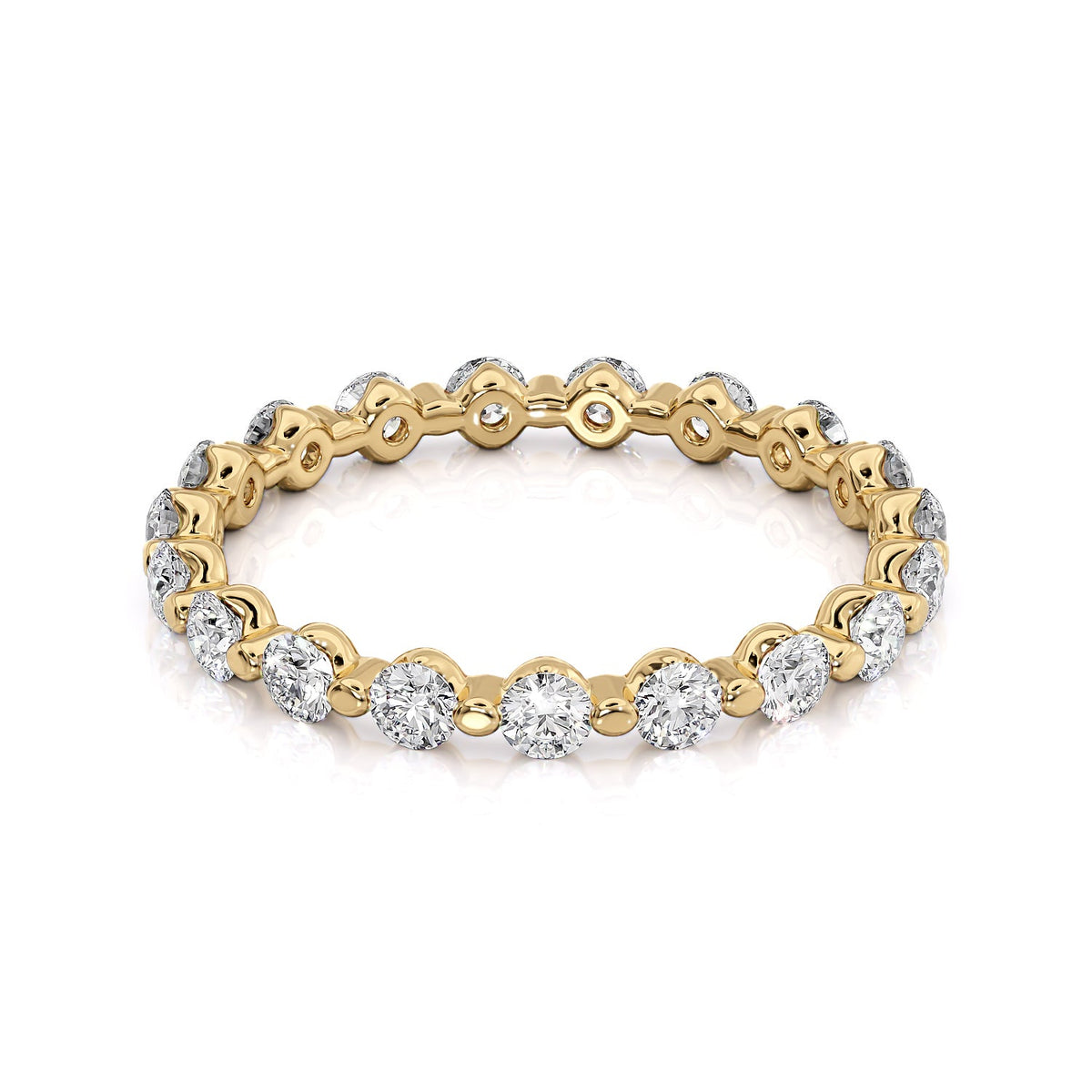 1ct Round Shared Prong Eternity. A Yellow Gold Eternity Ring Set With 1tcw Round Lab Grown Diamonds. White Background.