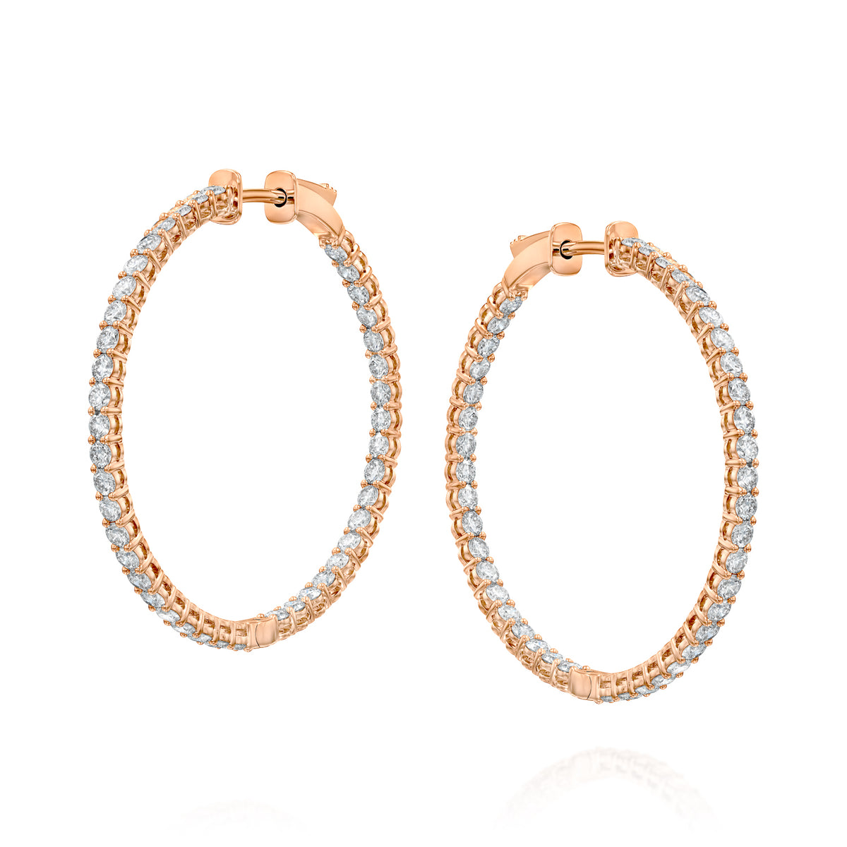 2.5ct 35mm Eternity Hoops. A Rose Gold Hoop Earrings Set With 2.5tcw Round Lab Grown Diamonds. White Background.