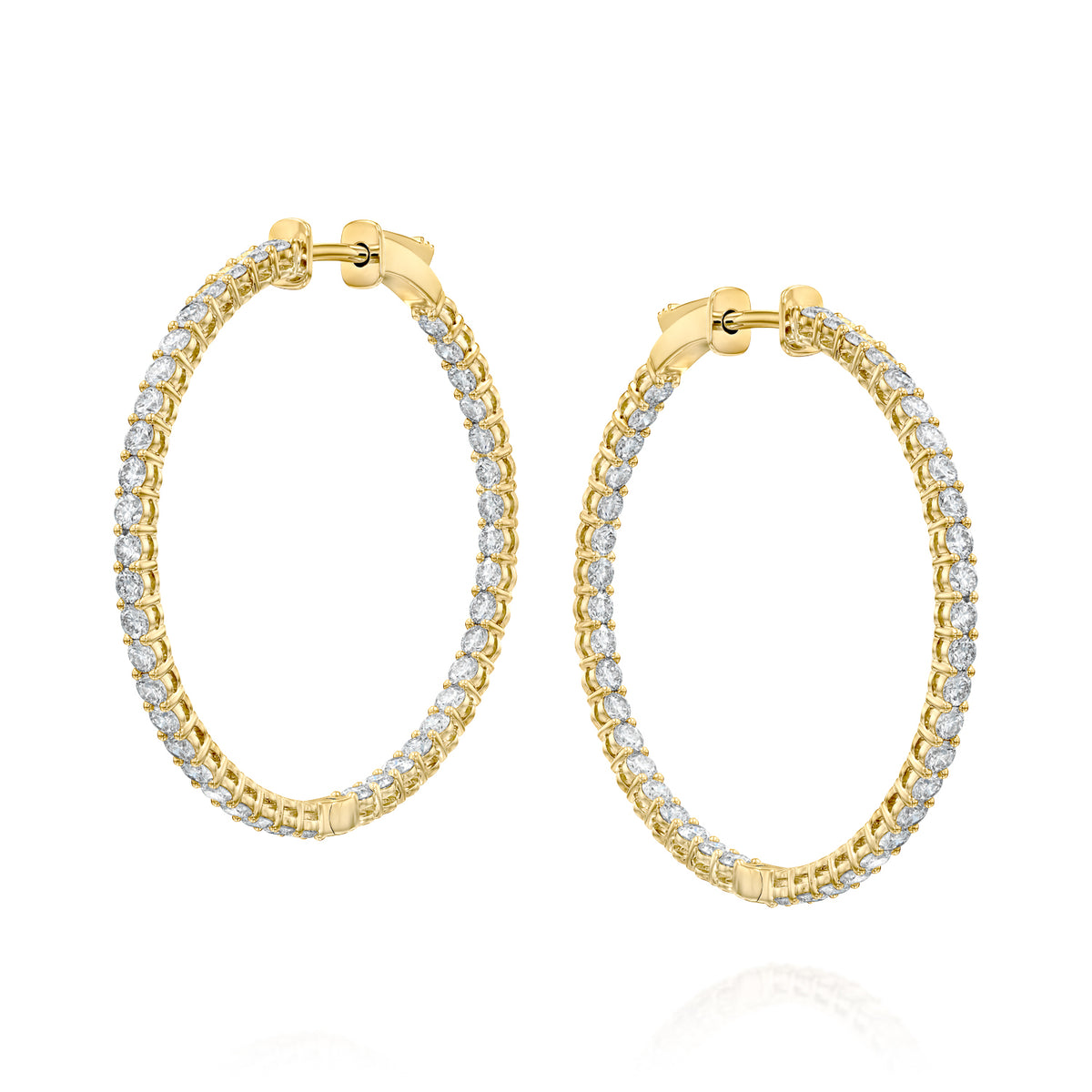 2.5ct 35mm Eternity Hoops. A Yellow Gold Hoop Earrings Set With 2.5tcw Round Lab Grown Diamonds. White Background.