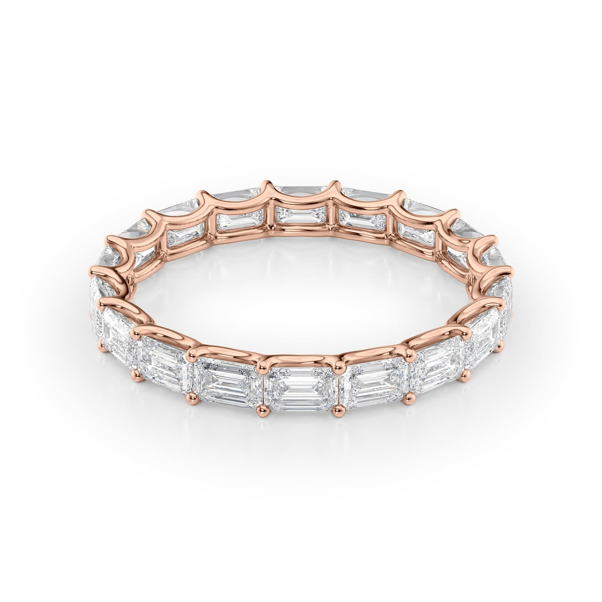 2.5ct East West Emerald U Prong Eternity. A Rose Gold Eternity Ring Set With 2.5tcw Emerald Lab Grown Diamonds. White Background.