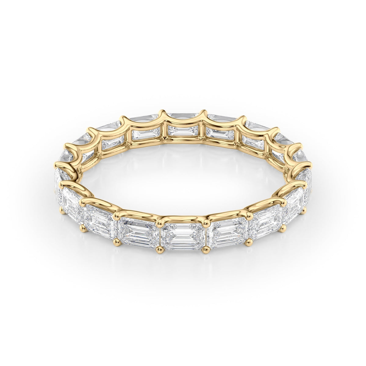 2.5ct East West Emerald U Prong Eternity. A Yellow Gold Eternity Ring Set With 2.5tcw Emerald Lab Grown Diamonds. White Background.