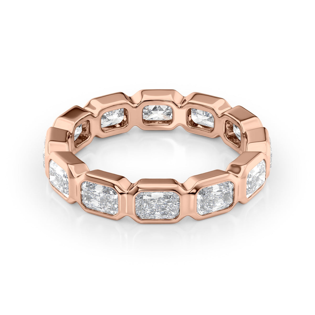 2.5ct East West Radiant Bezel Eternity. A Rose Gold Eternity Ring Set With 2.5tcw Radiant Lab Grown Diamonds. White Background.