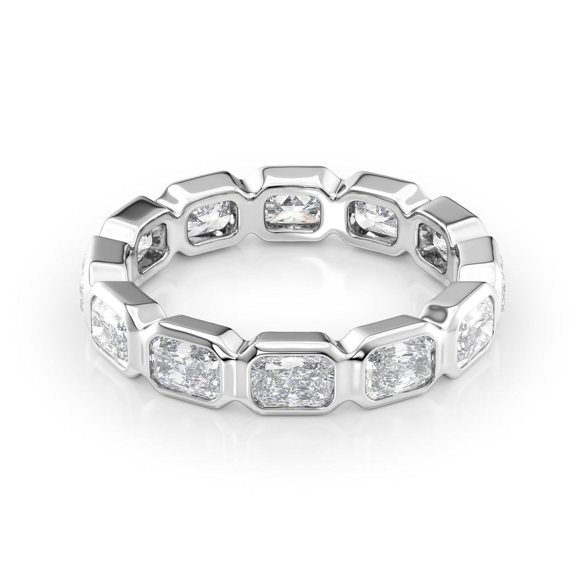 2.5ct East West Radiant Bezel Eternity. A White Gold Eternity Ring Set With 2.5tcw Radiant Lab Grown Diamonds. White Background.