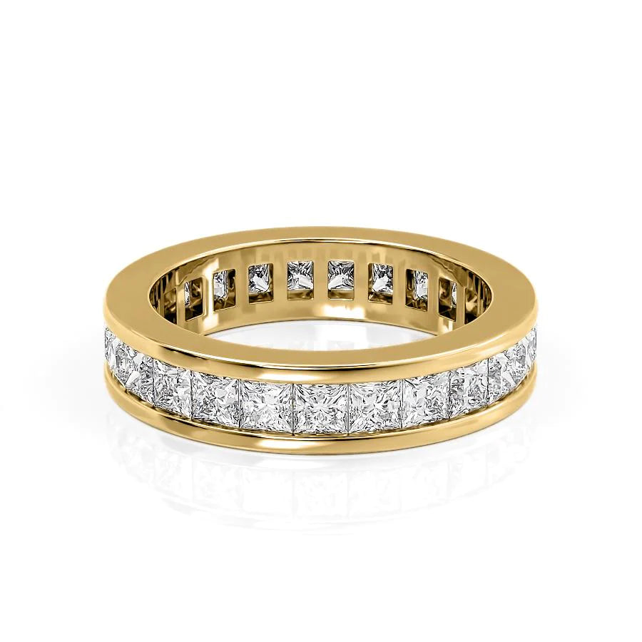 2.5ct Princess Channel Eternity. A Yellow Gold Eternity Ring Set With 2.5tcw Princess Lab Grown Diamonds. White Background.
