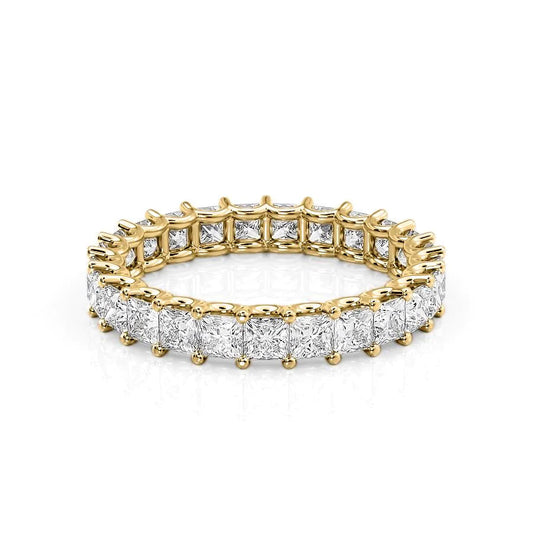 2.5ct Princess U Prong Eternity. A Yellow Gold Eternity Ring Set With 2.5tcw Princess Lab Grown Diamonds. White Background.