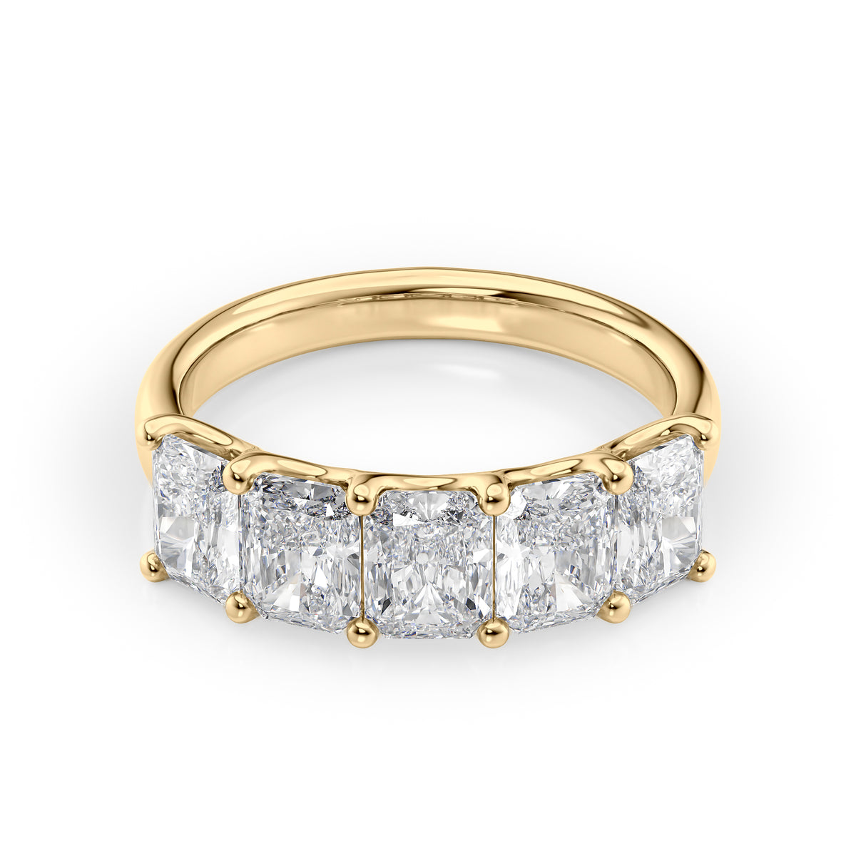 2.5ct Radiant U Prong Anniversary. A Yellow Gold Anniversary Ring Set With 2.5tcw Radiant Lab Grown Diamonds. White Background.