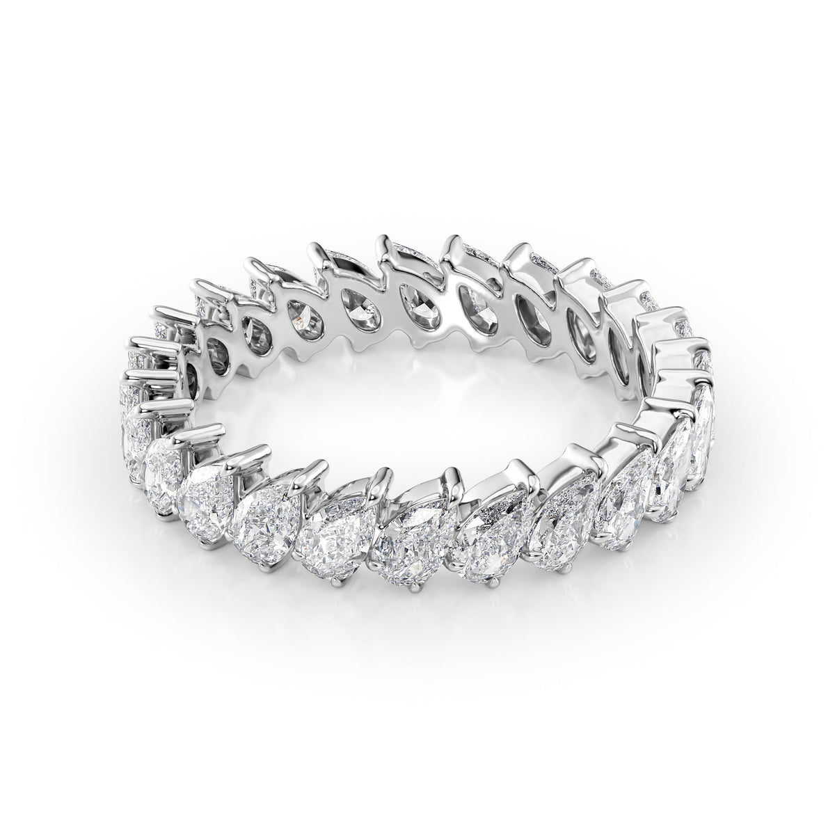 2.5ct Slanted Pear Eternity. A White Gold Eternity Ring Set With 2.5tcw Pear Lab Grown Diamonds. White Background.