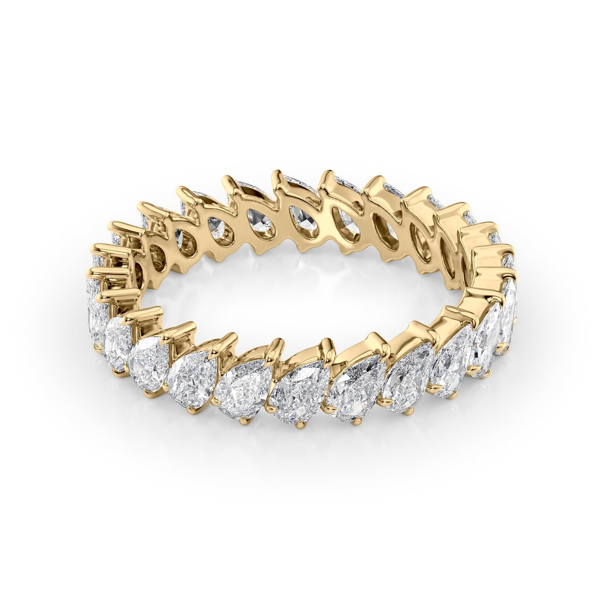 2.5ct Slanted Pear Eternity. A Yellow Gold Eternity Ring Set With 2.5tcw Pear Lab Grown Diamonds. White Background.