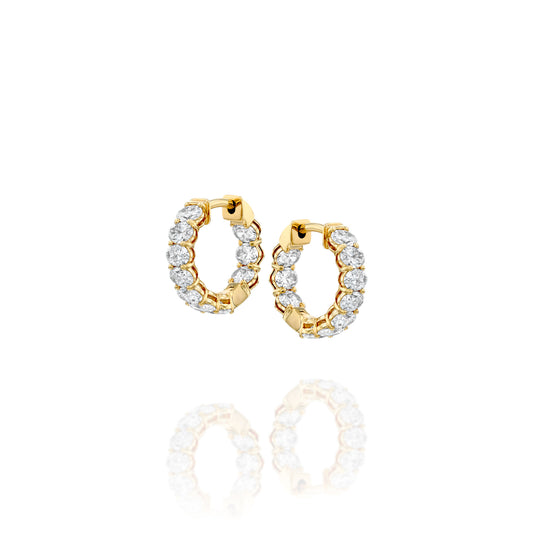 2ct 15mm East West Oval Eternity Hoops. A Yellow Gold Hoop Earrings Set With 2tcw Oval Lab Grown Diamonds. White Background.