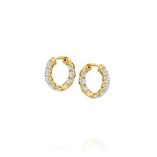 2ct 15mm Eternity Hoops. A Yellow Gold Hoop Earrings Set With 2tcw Round Lab Grown Diamonds. White Background.