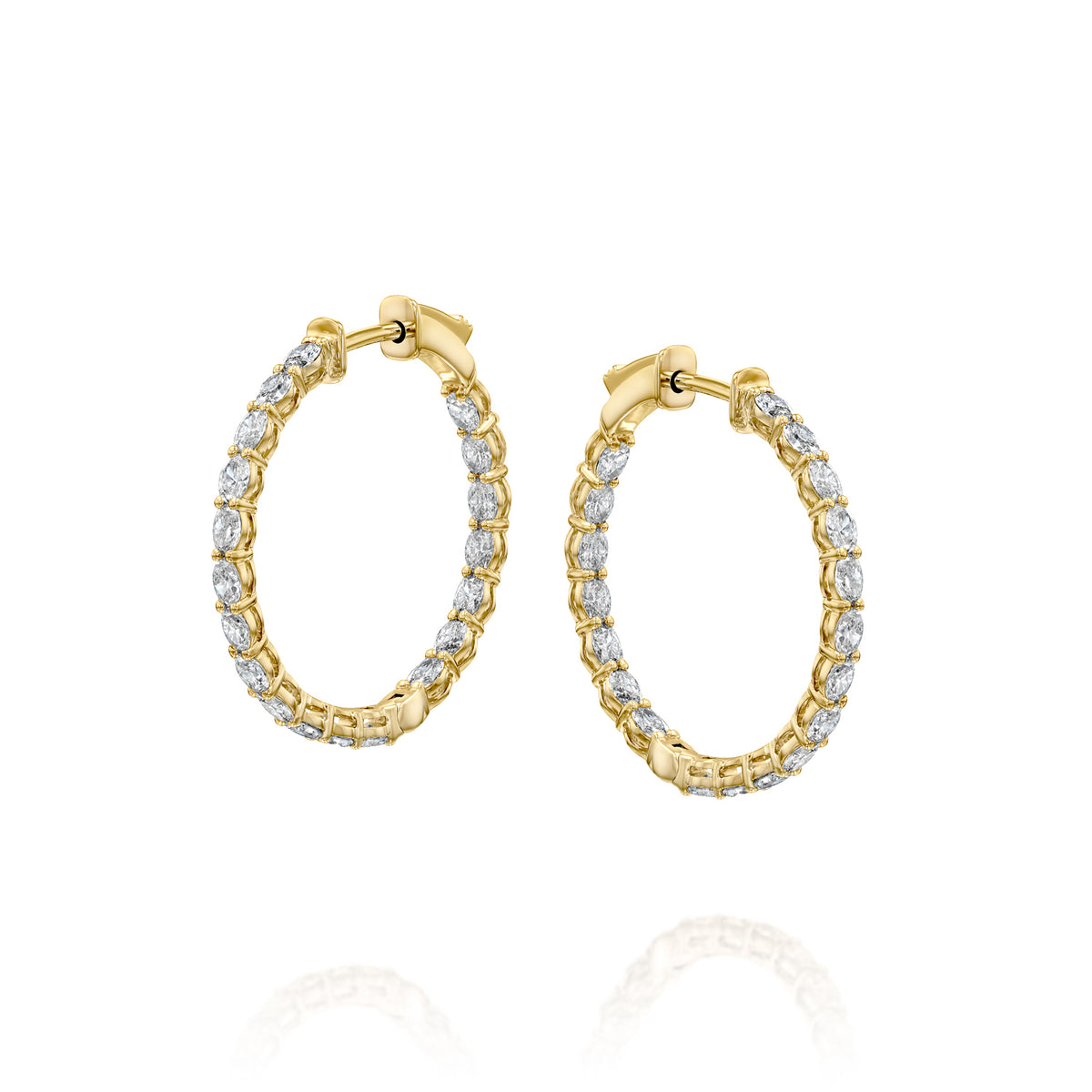 2ct 25mm Oval Eternity Hoops. A Yellow Gold Hoop Earrings Set With 2tcw Oval Lab Grown Diamonds. White Background.