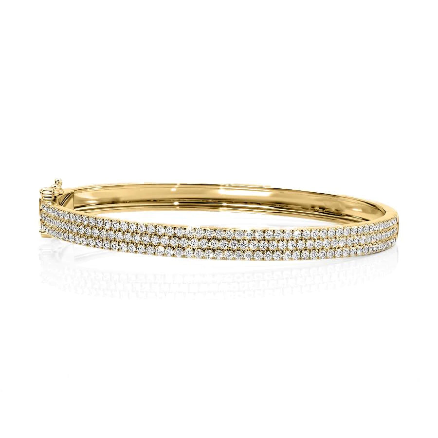 2ct 3 Row Pave Bangle. A Yellow Gold Bangle Bracelet Set With 2tcw Round Lab Grown Diamonds. White Background.