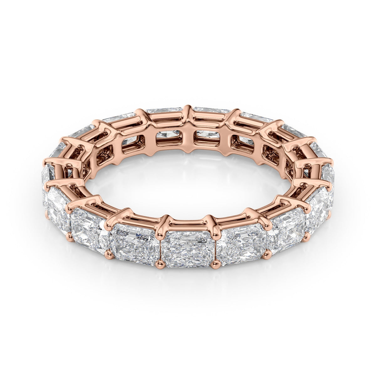 2ct East West Radiant Eternity. A Rose Gold Eternity Ring Set With 2tcw Radiant Lab Grown Diamonds. White Background.