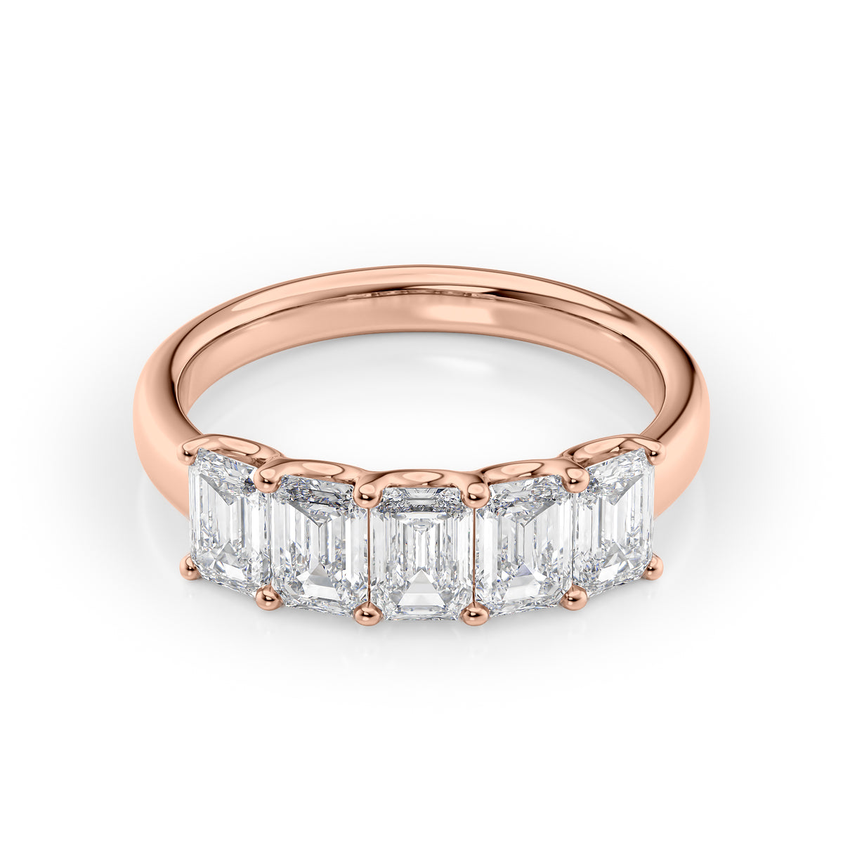 2ct Emerald U Prong Anniversary. A Rose Gold Anniversary Ring Set With 2tcw Emerald Lab Grown Diamonds. White Background.