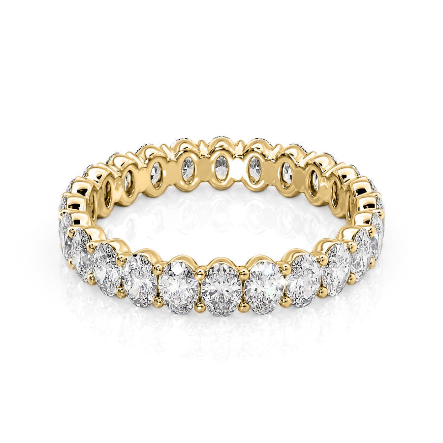 2ct Oval Eternity. A Yellow Gold Eternity Ring Set With 2tcw Oval Lab Grown Diamonds. White Background.