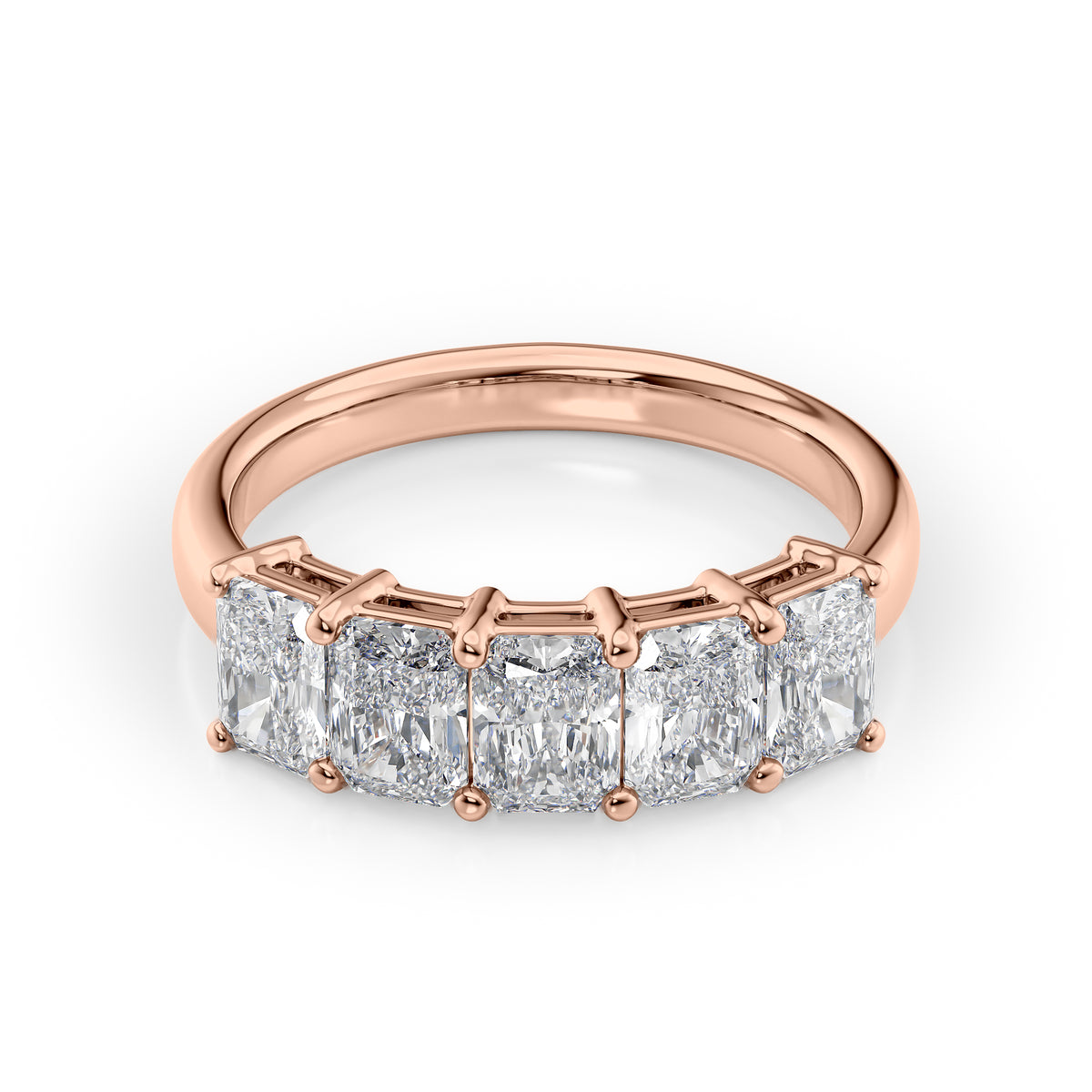 2ct Radiant Anniversary. A Rose Gold Anniversary Ring Set With 2tcw Radiant Lab Grown Diamonds. White Background.