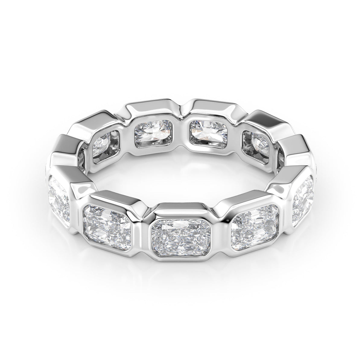 3.3ct East West Radiant Bezel Eternity. A White Gold Eternity Ring Set With 3.3tcw Radiant Lab Grown Diamonds. White Background.
